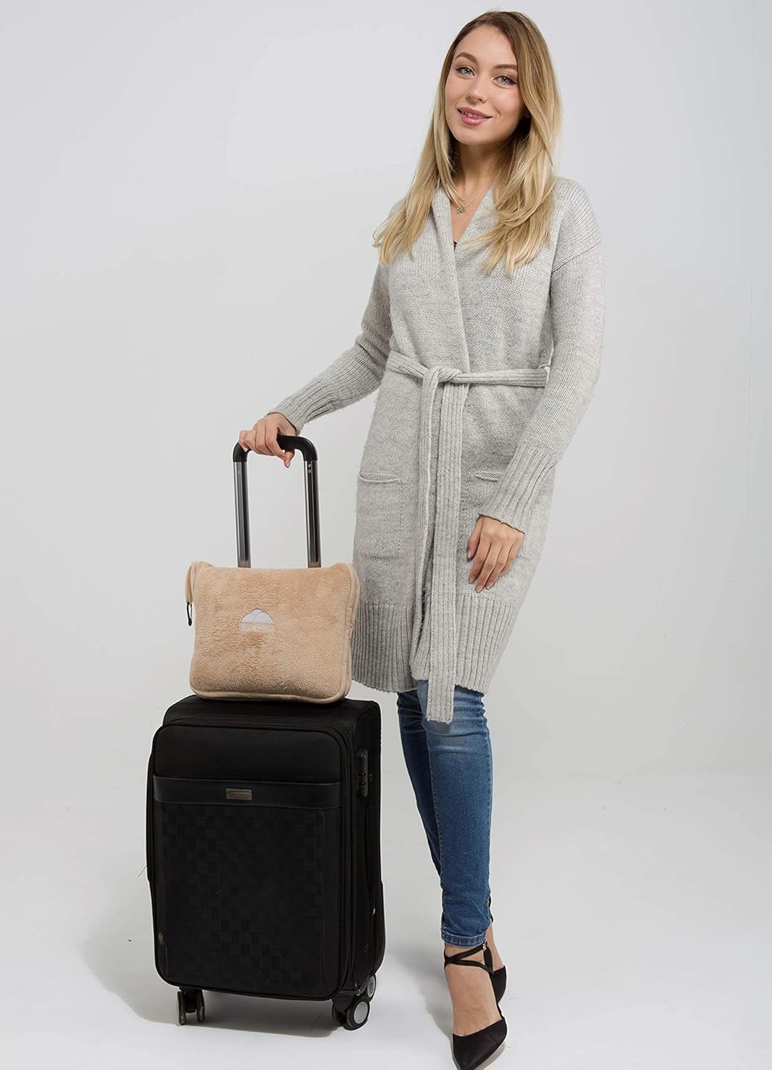 BlueHills Premium Soft 2-Pack Travel Blanket Pillows Airplane Large Plane Flight Throw Travel Blankets for Two in a Bag Compact Traveling Essentials Warm Travel Gifts Long Beige T205