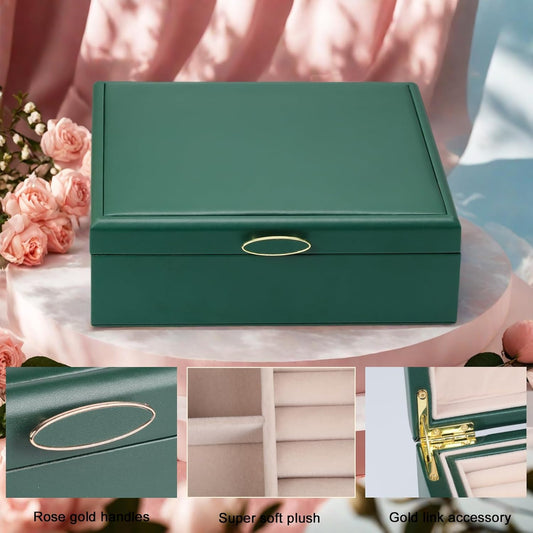 2-layer jewelry box,Jewelry Organizer with Handle,with hanging necklace hooks, detachable jewelry trays, suitable for storing a large amount of jewelry gift box (Large-Green)