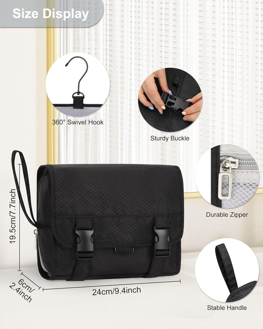Small Hanging Toiletry Bag for Men and Women, Portable Hanging Organizer for Travel-Sized Shower Dopp Kit, Makeup Accessories, Waterproof Toiletries Organizer with 3 Compartments for Outdoor - Black