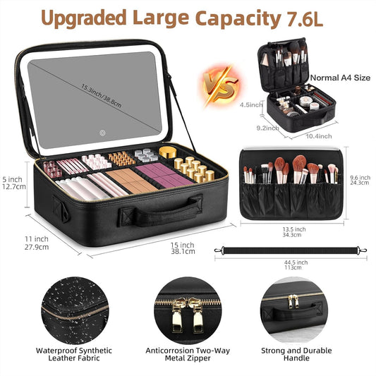 15“×11“Professional Makeup Train Case,Large Waterproof Travel Makeup bag with Mirror and Light, Leather Black Make up Bag with Mirror and Light,Led Makeup Case with Adjustable Dividers