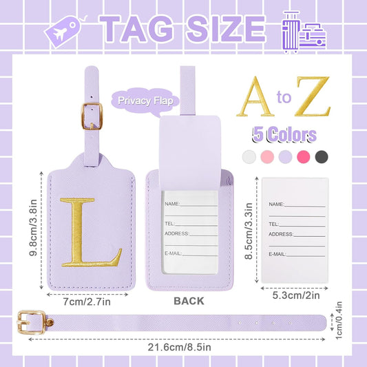 Personalized Initial Luggage Tags for Suitcase, Purple Leather Cute Luggage Tags with Privacy Cover Name Card, Embroidered Custom Monogrammed Luggage Tag Travel Backpack Tags Gifts for Women Kids(L)
