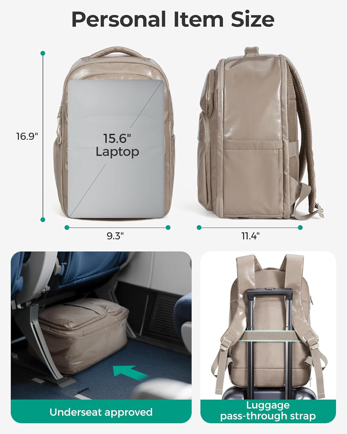 BAGSMART 30L Travel Backpack, 15.6 Inch Carry On Backpack Flight Approved, Personal Item Travel Bag, Water Resistant Weekender Bag Daypack, Camel