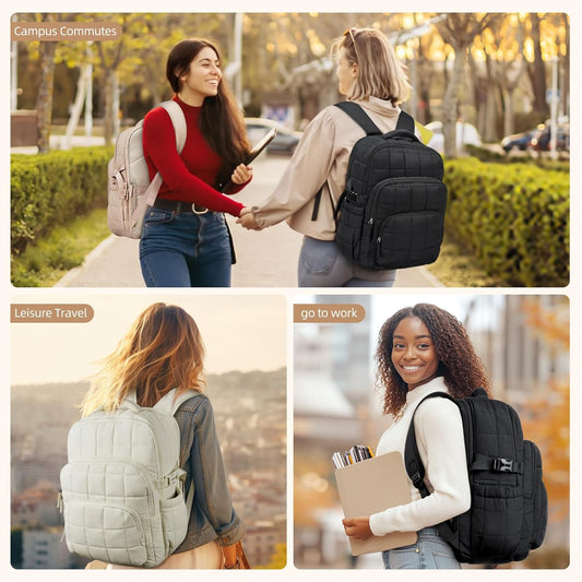 CLUCI 17.3 Inch Laptop Backpack for Women, Anti Theft Travel Backpack, Puffer Quilted Work Backpack, Water Resistant College Bookbag, Carry on backpack with RFID (Black)