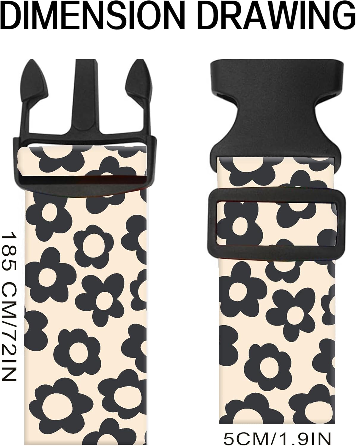 Luggage Straps for Suitcases, Adjustable Travel Belt, Durable Wide Luggage Strap, Cute Suitcase Strap Identifiers with Buckle, Bag Straps for Luggage, Cute Black Daisy