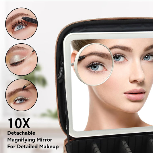 Travel Makeup Bag with LED Mirror and 10x magnifying glass with 3 Lighted Settings, Adjustable Dividers and Makeup Brush Storage Bag Brown