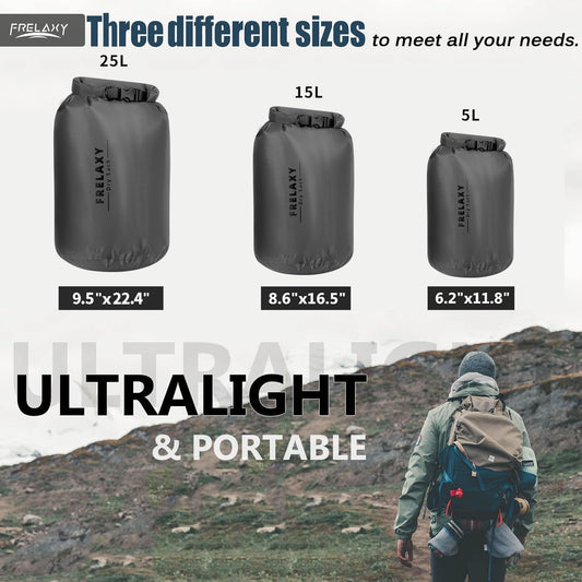Frelaxy Waterproof Dry Bag 2 Pack/3 Pack, Lightweight Portable Dry Bags, 5L & 15L & 25L Durable Dry Sack Set Keep Gear Dry for Hiking, Camping, Boating, Backpacking, Kayaking (3 Pack - Gray)