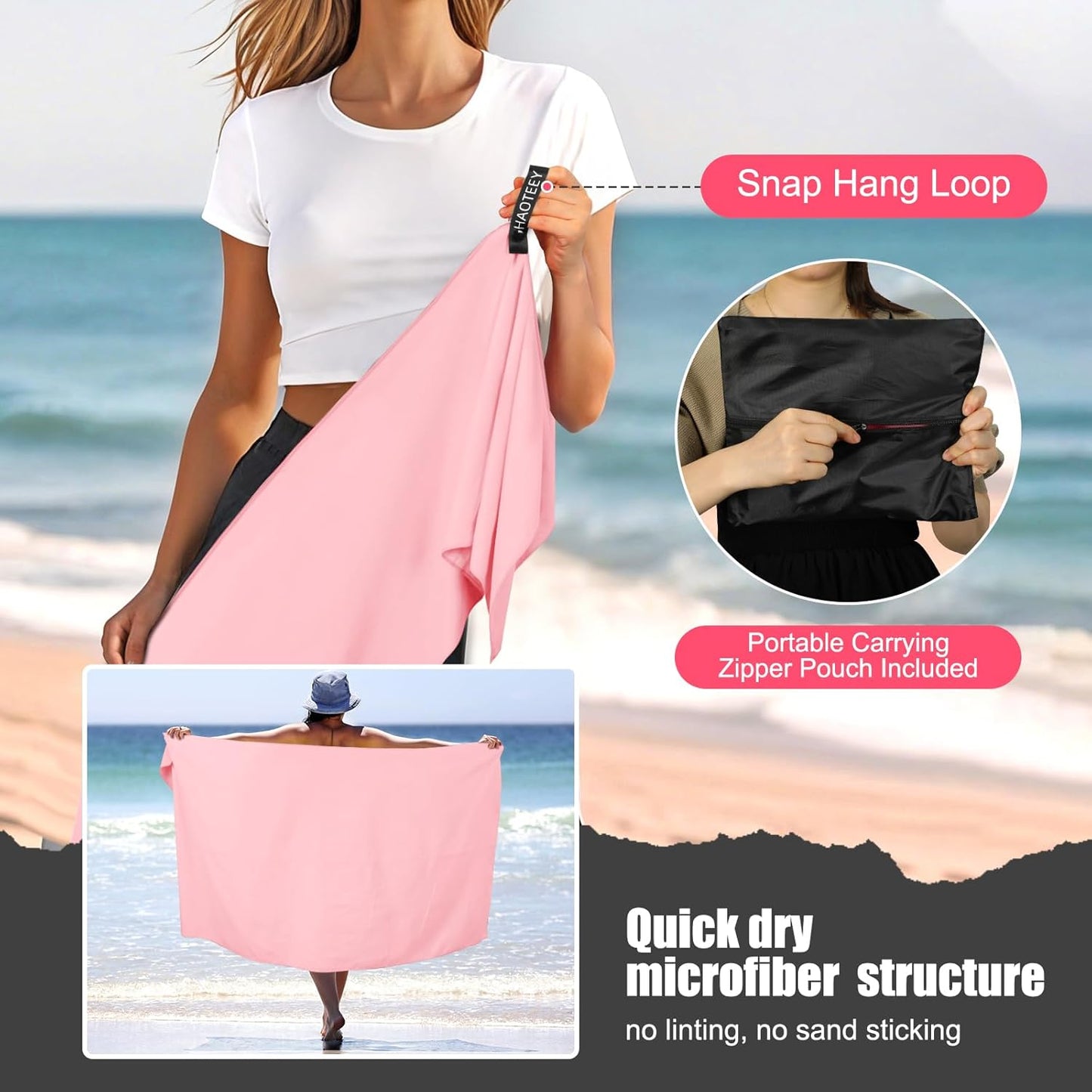 Quick Dry Travel Towel, 3 Sizes 1 Pack Camping Microfiber Towel, Lightweight Fast Drying Towels Set 60"x30", 30"x15", 15"x15" w/Bag for Gym, Beach, Hiking, Swimming, Pink