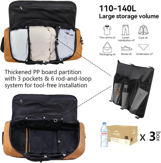 Vomgomfom Wheeled Collapsible Duffel Bag,110L-140L Expandable Checked Luggage, No-Telescopic-Handle with Anti-Burst Zipper & Reinforced Frame,Brown