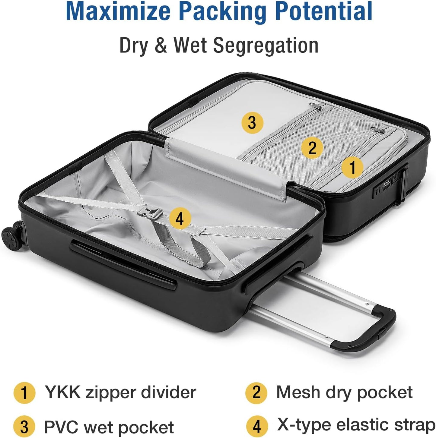 KYME 22-Inch Hardside Suitcase - Small Luggage, 100% PC Hard Shell with Laptop Compartment, TSA Lock, Double Wheels for Men & Women, Black