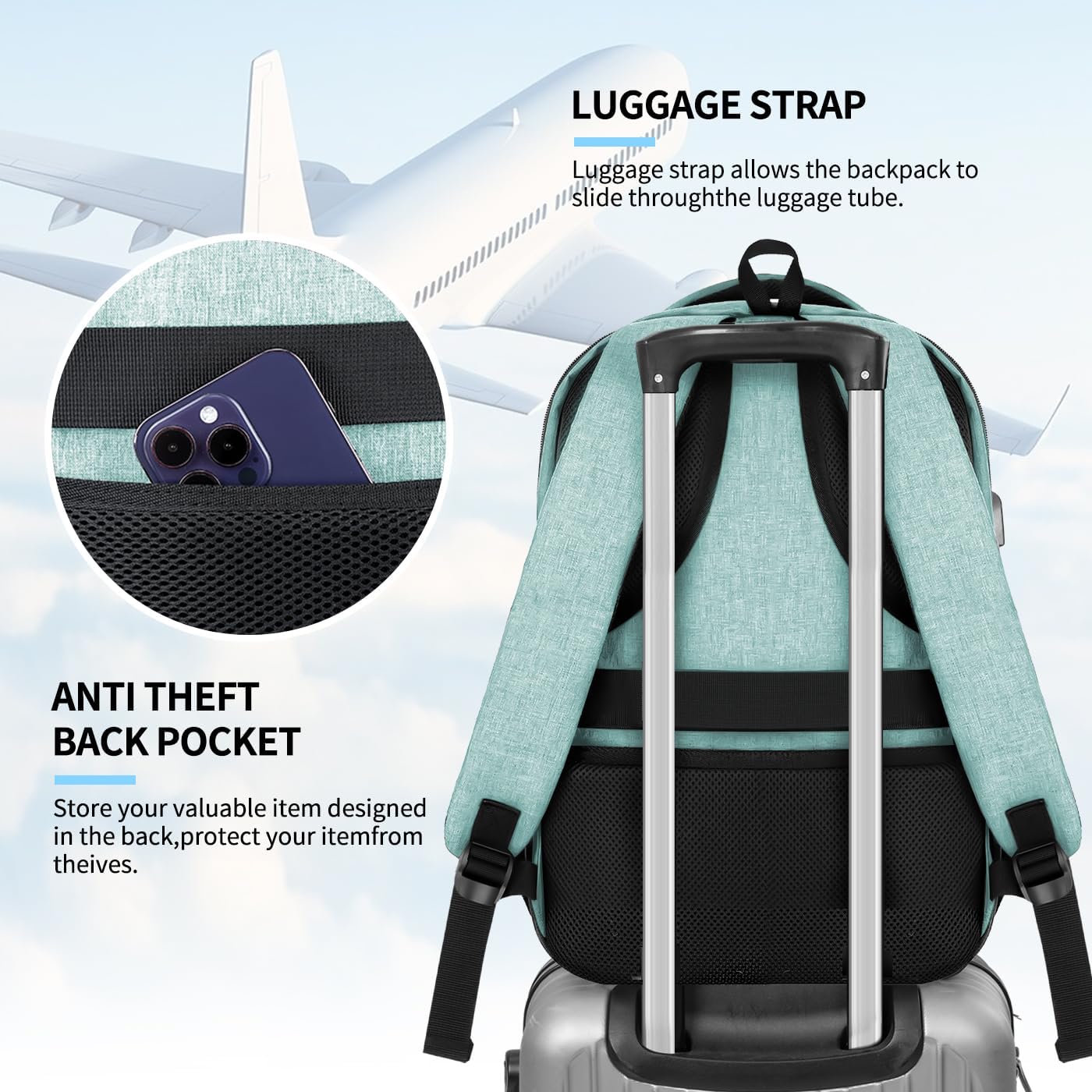 Backpack for Women Men, Travel School Backpacks for Teen Boys, Bookbag with USB Charging Port, Anti Theft College Backpack Fits 15.6 Inch Laptop, Casual Work Business Back Pack, Cyan