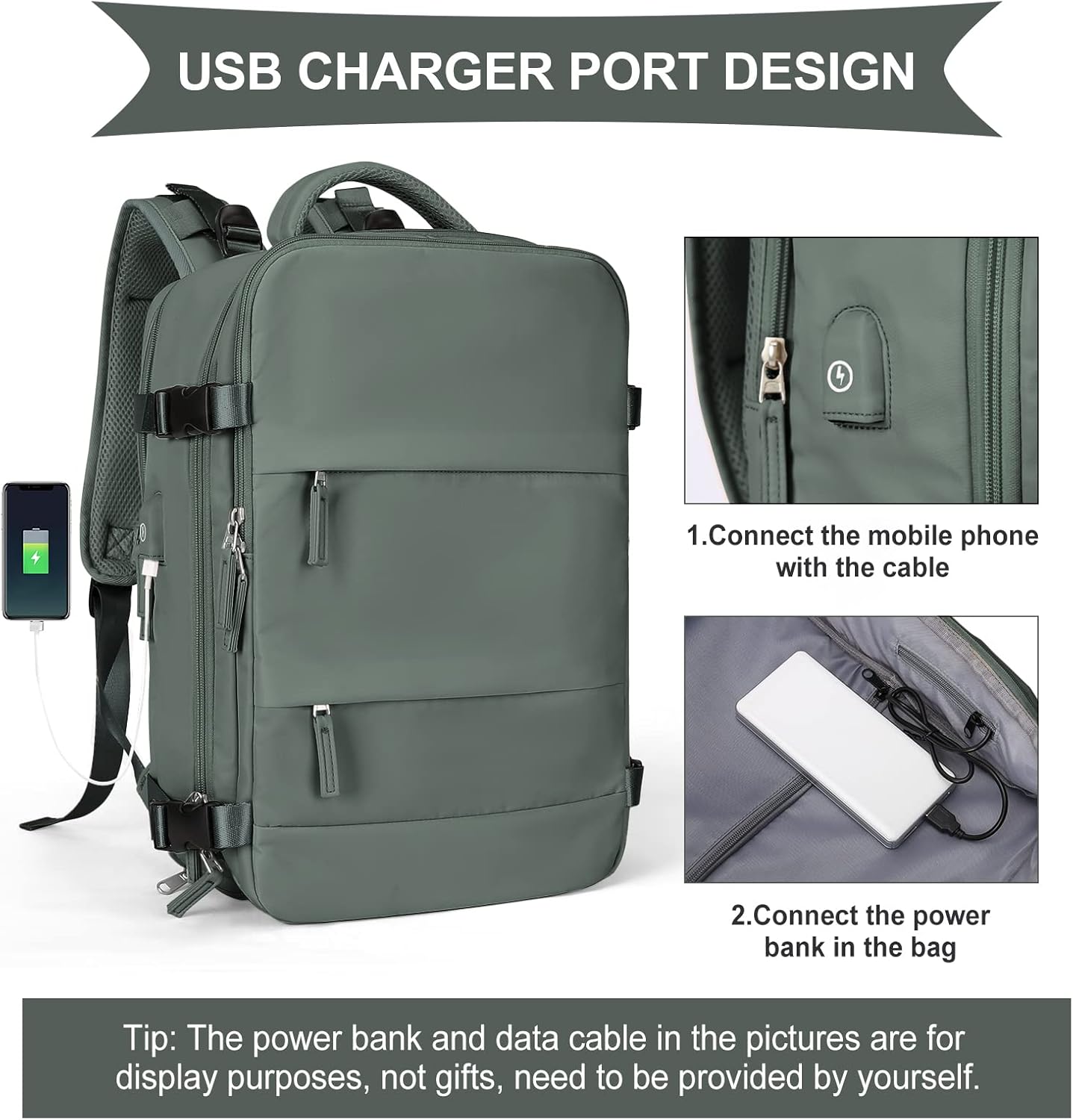 coowoz Large Travel Backpack For Women Men,Carry On Flight Approved,Hiking Waterproof Outdoor Rucksack Casual Daypack Fit 15.6 Inch Laptop Shoes Compartment (Olive Green)