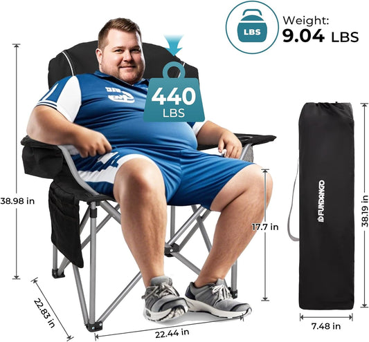 FUNDANGO Folding Camping Chair Heavy Duty, 2 Pack Oversized 440 Lbs Support Outdoor Camp Chairs with Lumbar Support & Cooler Pocket for Fishing Backyard Sports Beach Garden (Black/Grey)