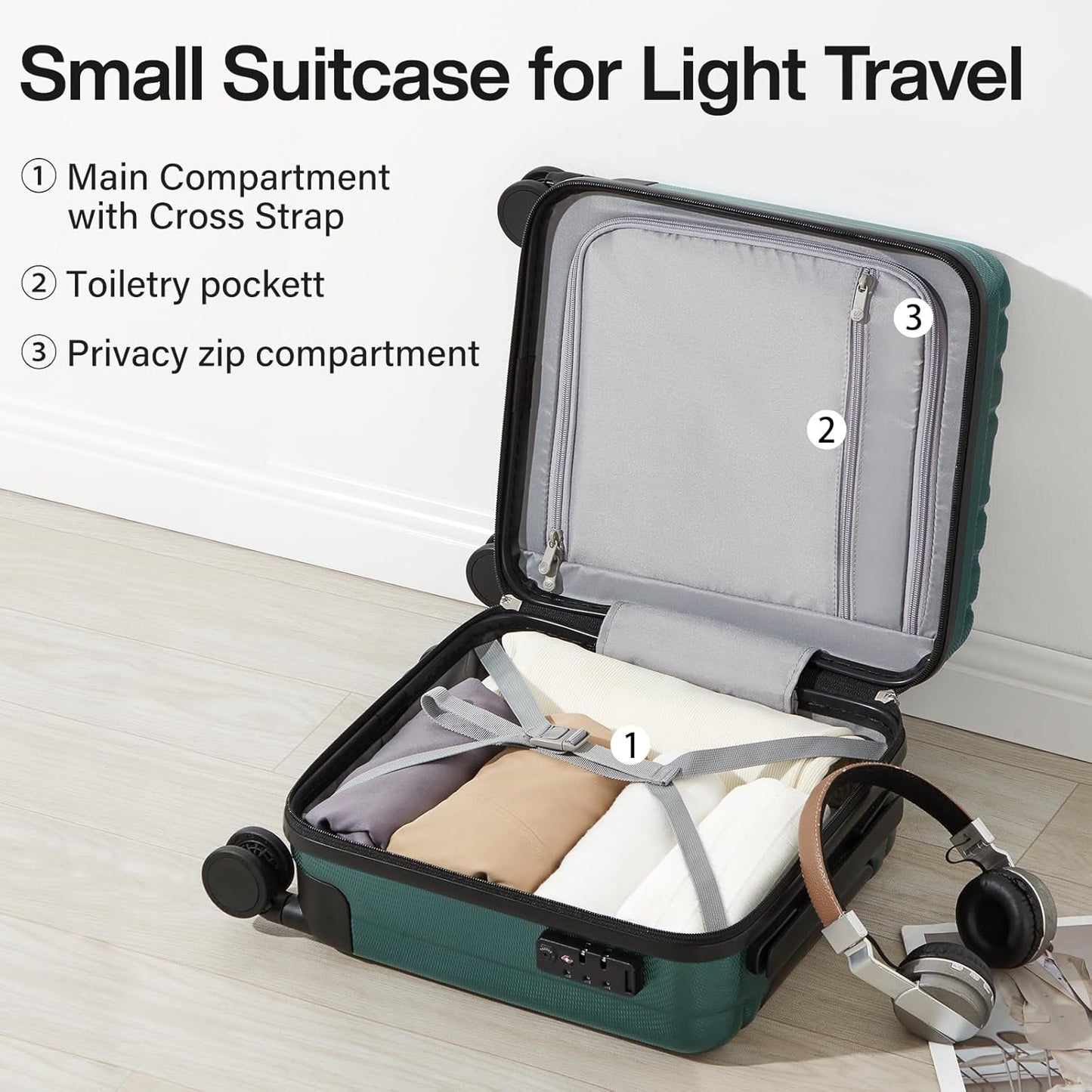 Hanke 14 Inch Underseat Carry On Luggage with Wheels Hard Shell Suitcases Lightweight Small Luggage for Weekender Mini Suitcase Carry On Bag Travel Luggage for Travel Rolling Suitcase.(Blackish Green)