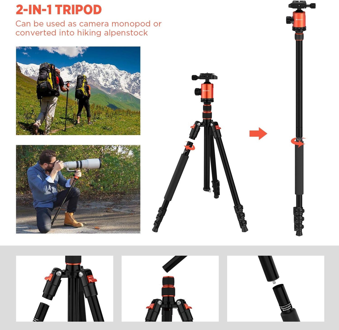 GEEKOTO 77’’ Tripod, Camera Tripod for DSLR, Compact Aluminum Tripod with 360 Degree Ball Head and 8kgs Load for Travel and Work
