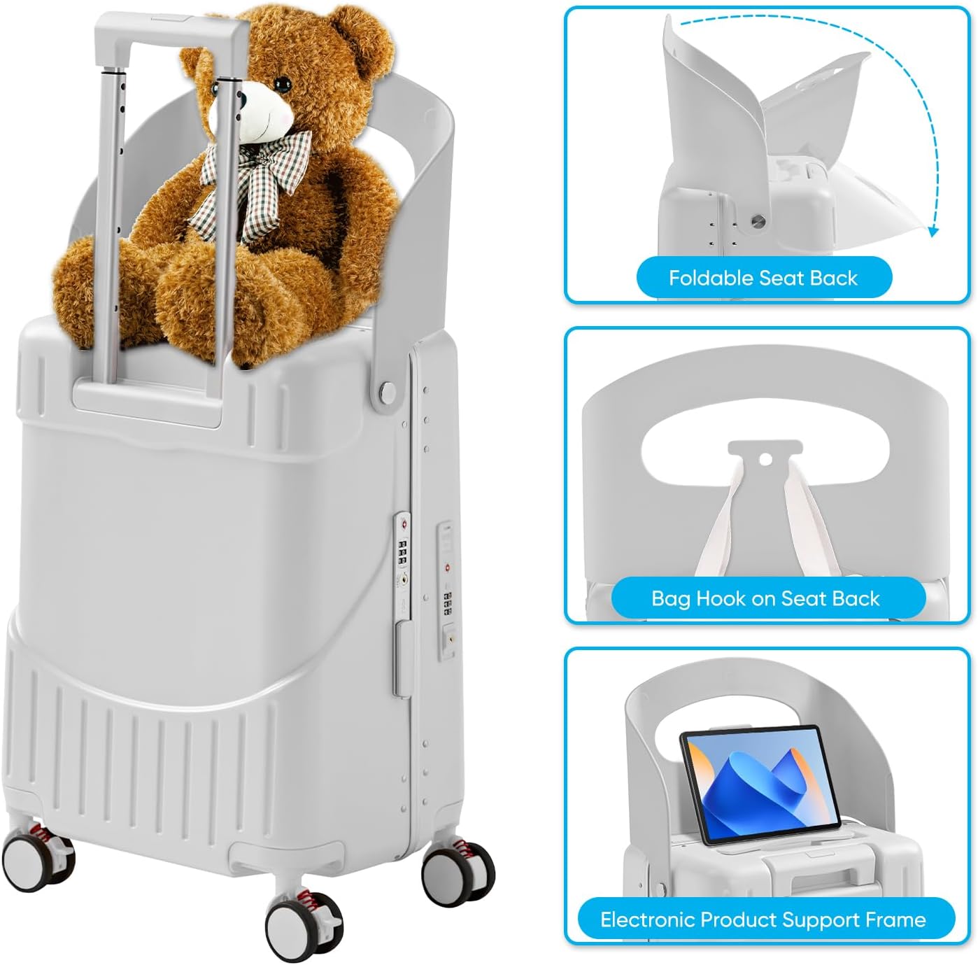 20 Inch Ride on Luggage With Seat For Kids&Adults,with Front Pocket, Foldable Seat Back TSA Approved Lock, 360° Spinner Wheels (20 inch,White)