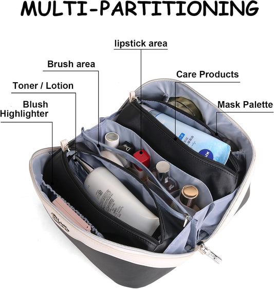 BOYATU Travel Makeup Bag Organizer Cosmetic Bag: 3 Pcs Set Make up Bags for Women with Handle - Waterproof Vegan Leather Toiletry Bags with Comparments (D-03-Black)