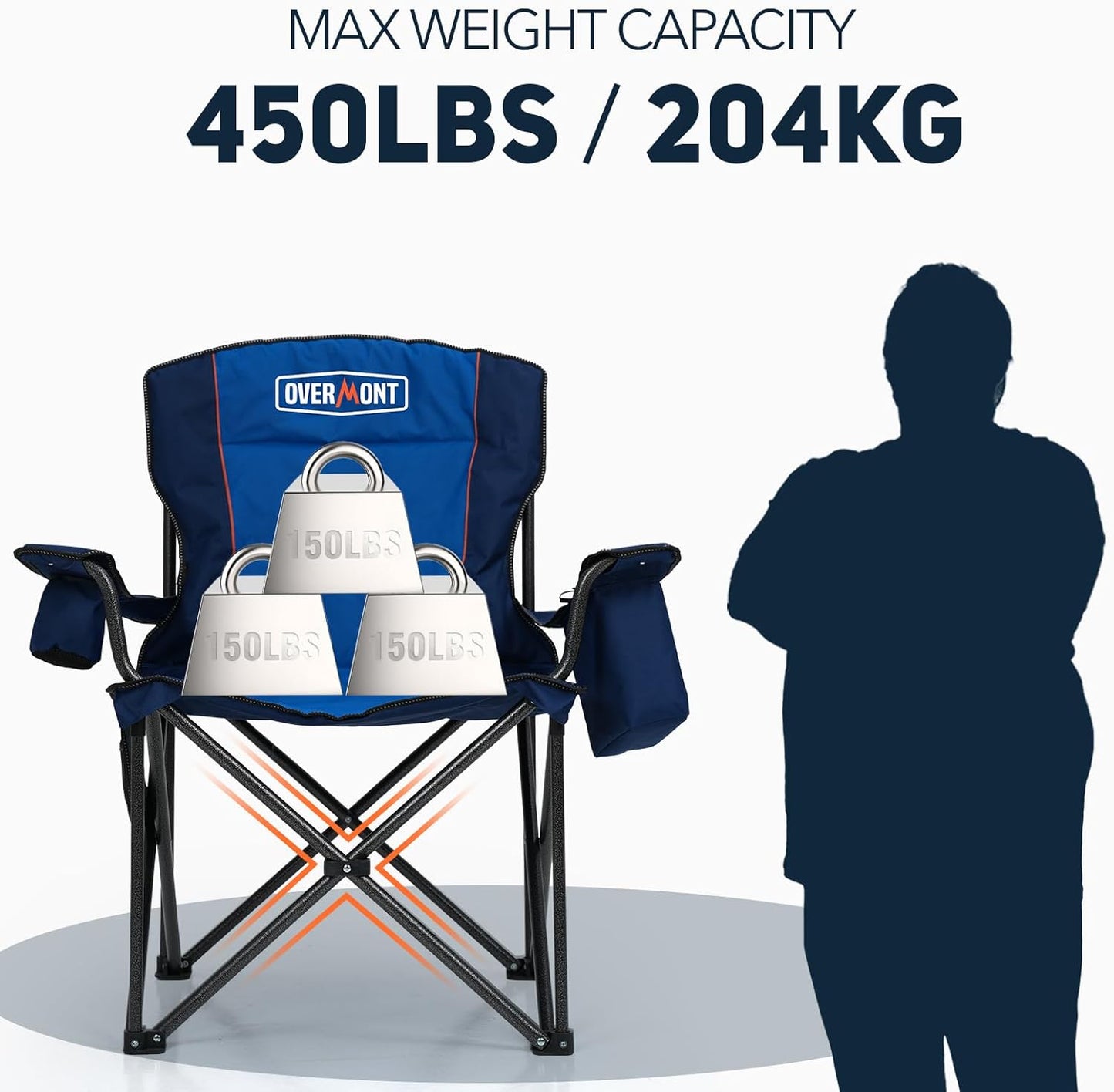 Overmont Oversized Folding Camping Chair - 450lbs Support with Padded Cushion Cooler Pockets - Heavy Duty Collapsible Chairs for Sports Garden Beach Fishing