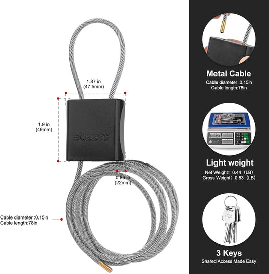 Adjustable Cable Locks with 3 Keys | 6.56ft L x 1/6in D Aluminum Steel Cable Padlock for Bikes, Gate, Lockers & Outdoor Gear | Keyed Different & Black