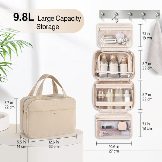 Hanke Hanging Travel Toiletry Bag for Women with Jewelry Organizer Compartment, Travel Essentials Toiletries and Makeup Bag, Water-Resistant & Stain-Resistant with Trolley Strap (Apricot)