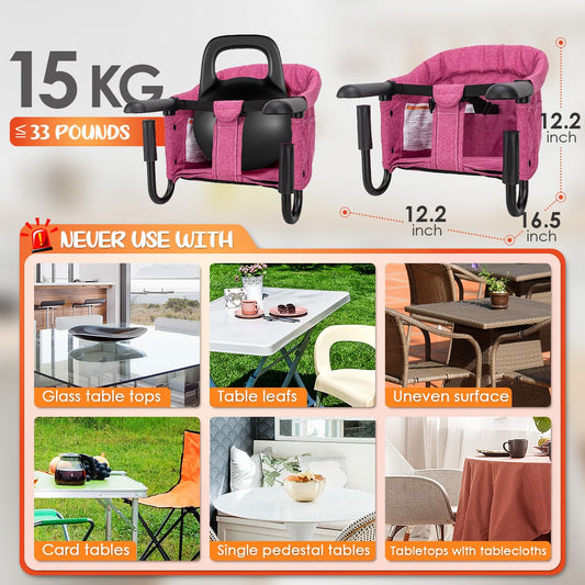 Hook On High Chair - Portable & Foldable for Babies 6-36 Months, Family & Travel Use with Carry Bag(Rose Red)