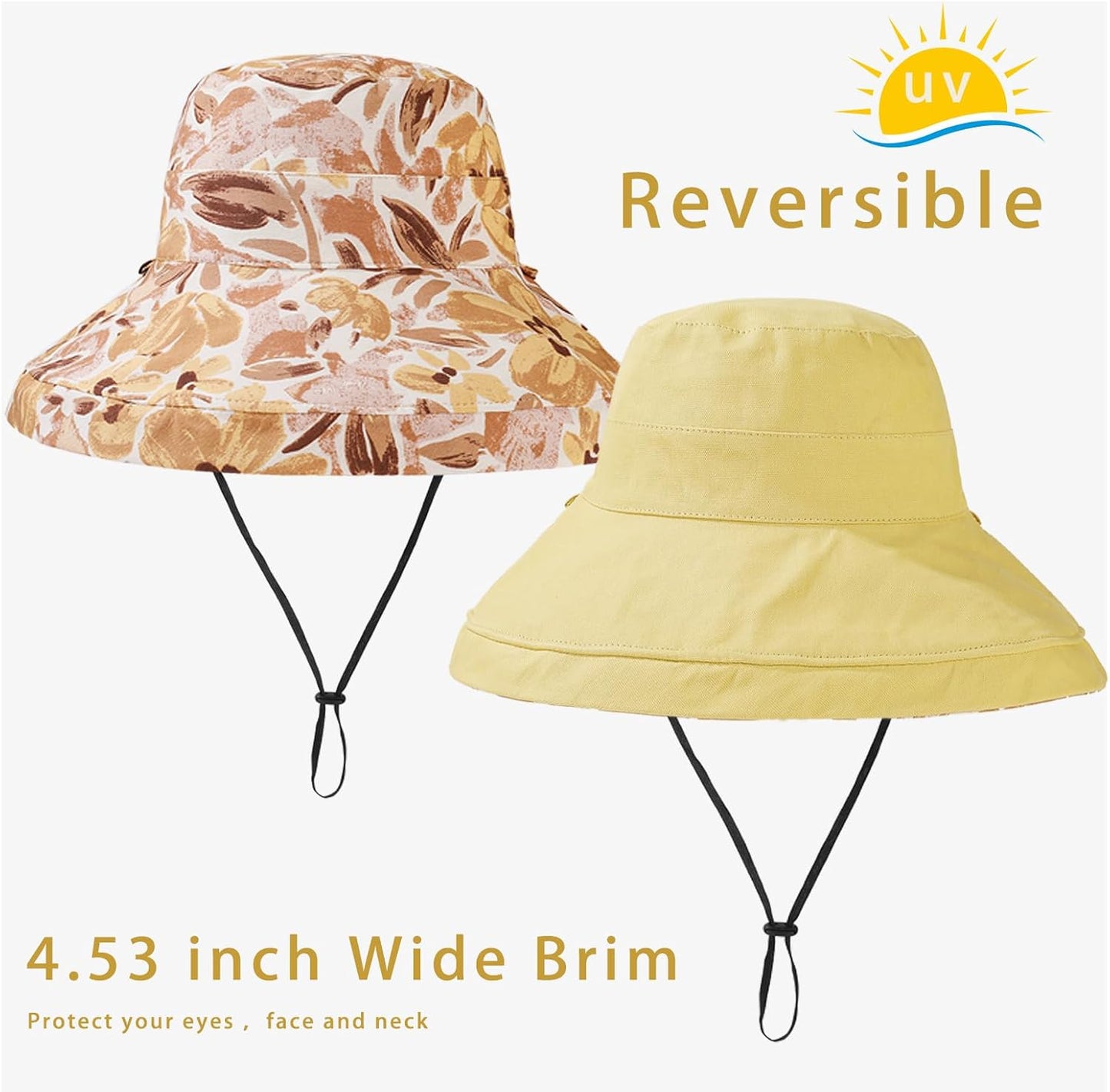 vidsel Womens Sun Hats Wide Brim Reversible Bucket Cotton Hat Packable Summer Travel Cap with Hat Clip,UV Protection