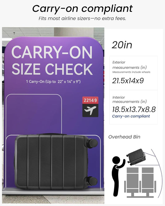 Carry On Luggage 22x14x9 Airline Approved with Spinner Wheels, Expandable Hardside Suitcase, Black