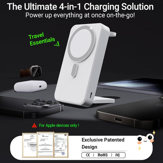 3-in-1 Portable Charger, 10000mAh Foldable Power Bank Fast Charging,MagSafe Charger Battery Pack Magnetic,Travel Wireless Charging Station for iPhone 16/15/14/13/12,iWatch, Air pods, White