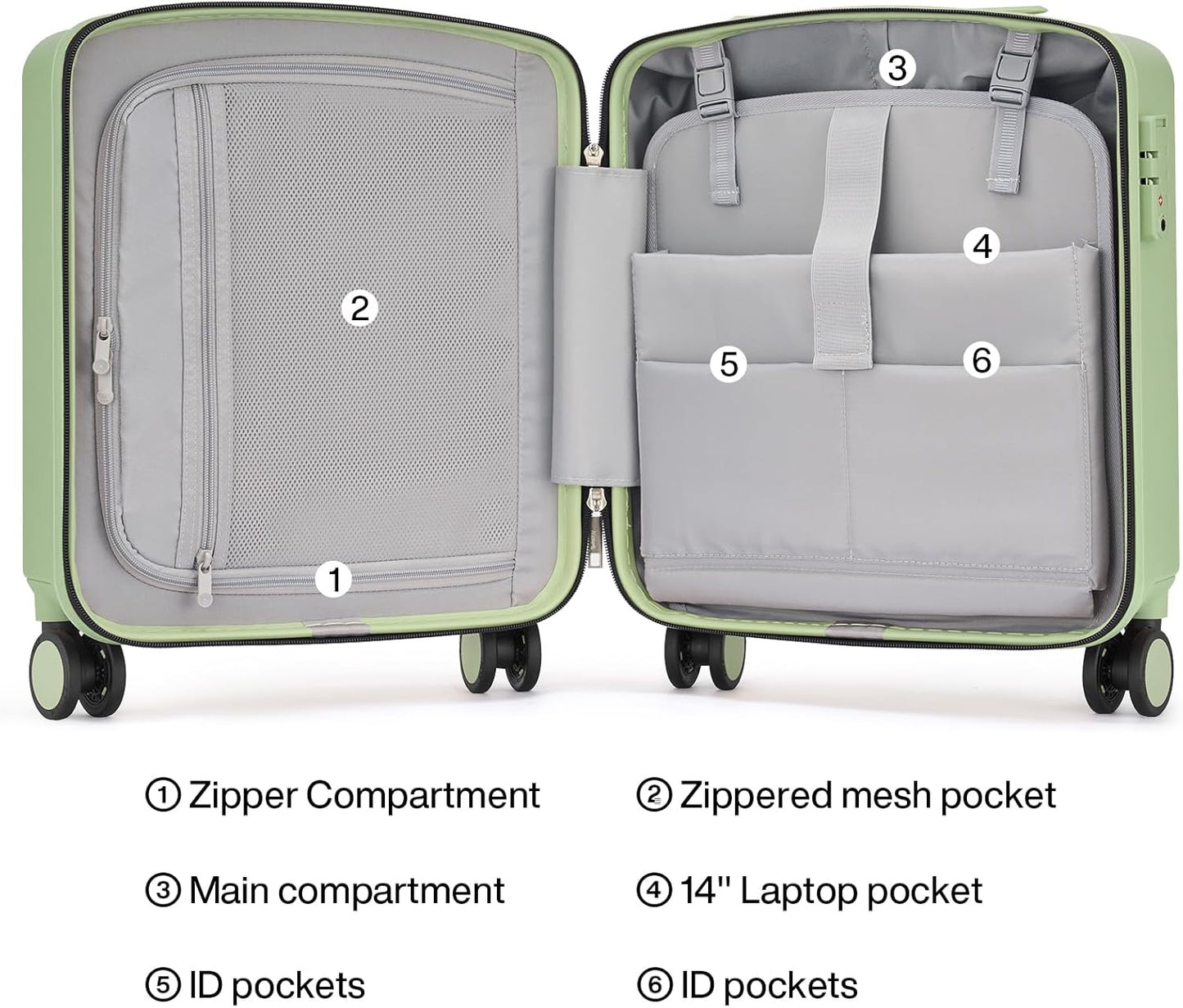 Hanke 16 Inch Underseat Carry On Luggage, Airline-Approved Hard Shell Small Suitcase with Spinner Wheels, Lightweight Tsa Lock Travel Luggage for Short Trips(Bamboo Green)