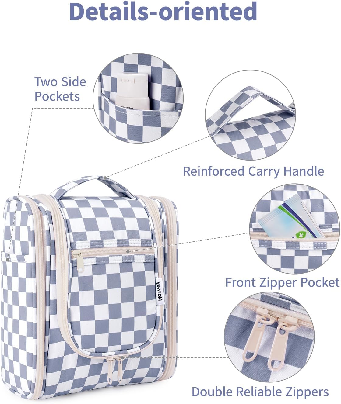 Narwey Small Checkered Hanging Travel Toiletry Bag for Women, Travel Bag for Toiletries, Makeup Bag Organizer Cosmetic Bags Make Up Bags for Women (Grayish Blue Checkerboard)