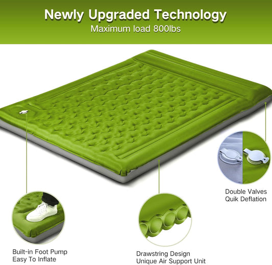 Double Sleeping Pad Camping, Self Inflating 6'' Extra-Thick 2 Person Pillow Built-in Foot Pump Waterproof Inflatable Sleeping Mat Backpacking, Tent, Hiking, Portable Camping Pad (Yellow Grey)