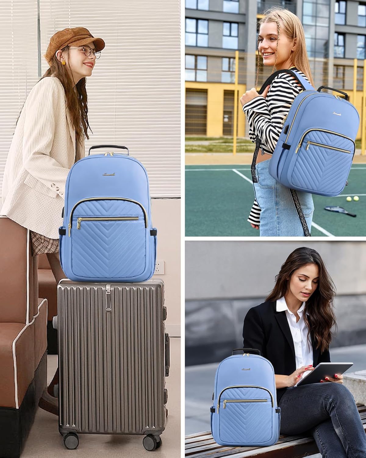 LOVEVOOK Laptop Backpack Purse for Women, Work Business Travel Computer Bags, College Nurse Backpack for Womens, Quilted Casual Daypack with USB Port, Fit 15.6 Inch Laptop, Blue