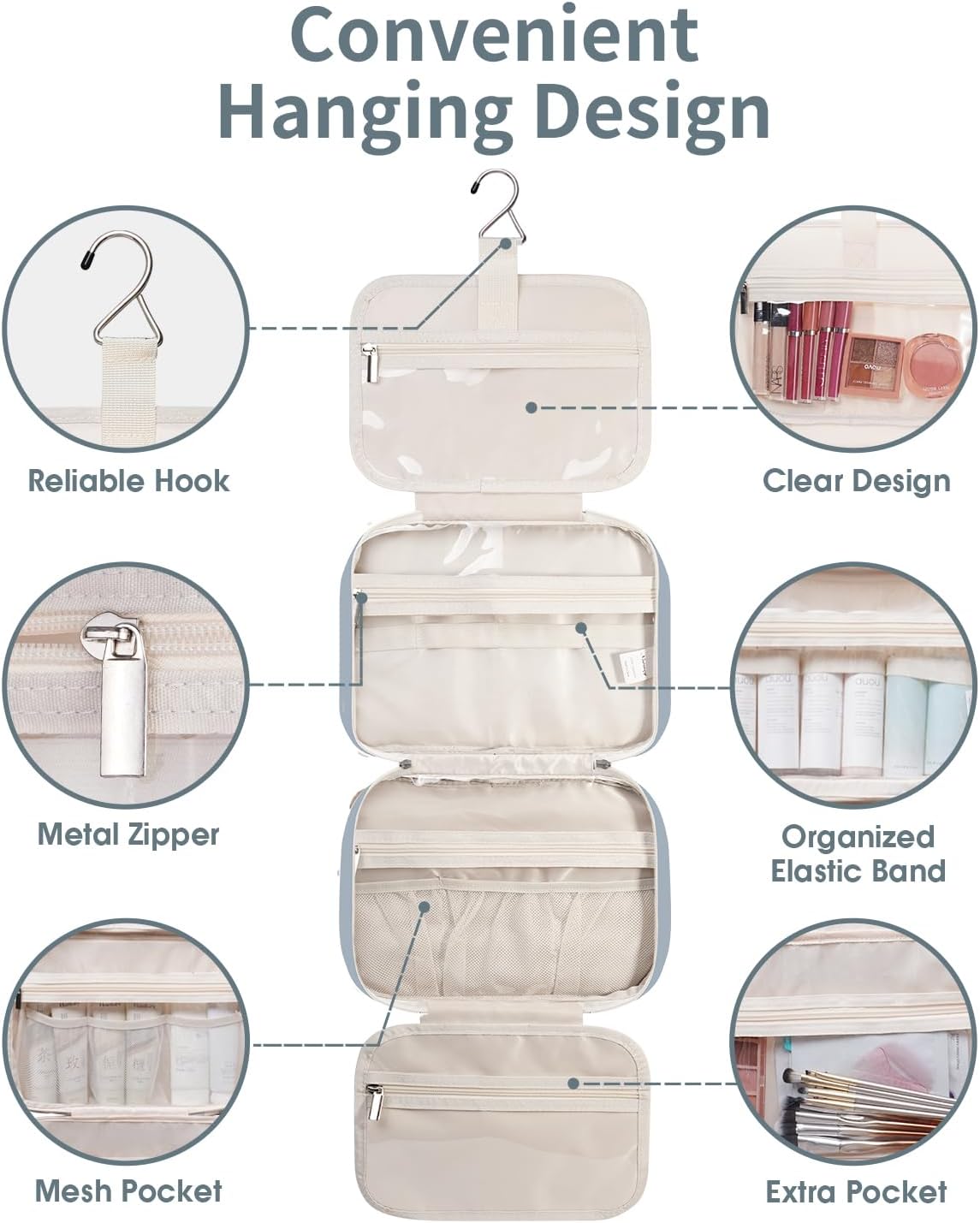 Narwey Travel Toiletry Bag for Women Large Hanging Makeup Bag Organizer Toiletries Bag for Full Size Essentials Accessories Cosmetics (Greyish Blue (Large))