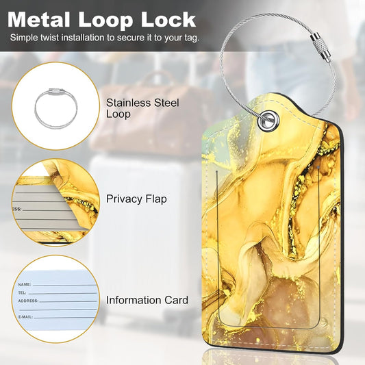 2Pack Luggage Tags for Suitcases, Cute Unique Pu Leather Cruise Luggage Tag with Privacy Cover ID Label Address Card and Metal Ring Suitable for Women Men Kids Travel Bag Golden Marble
