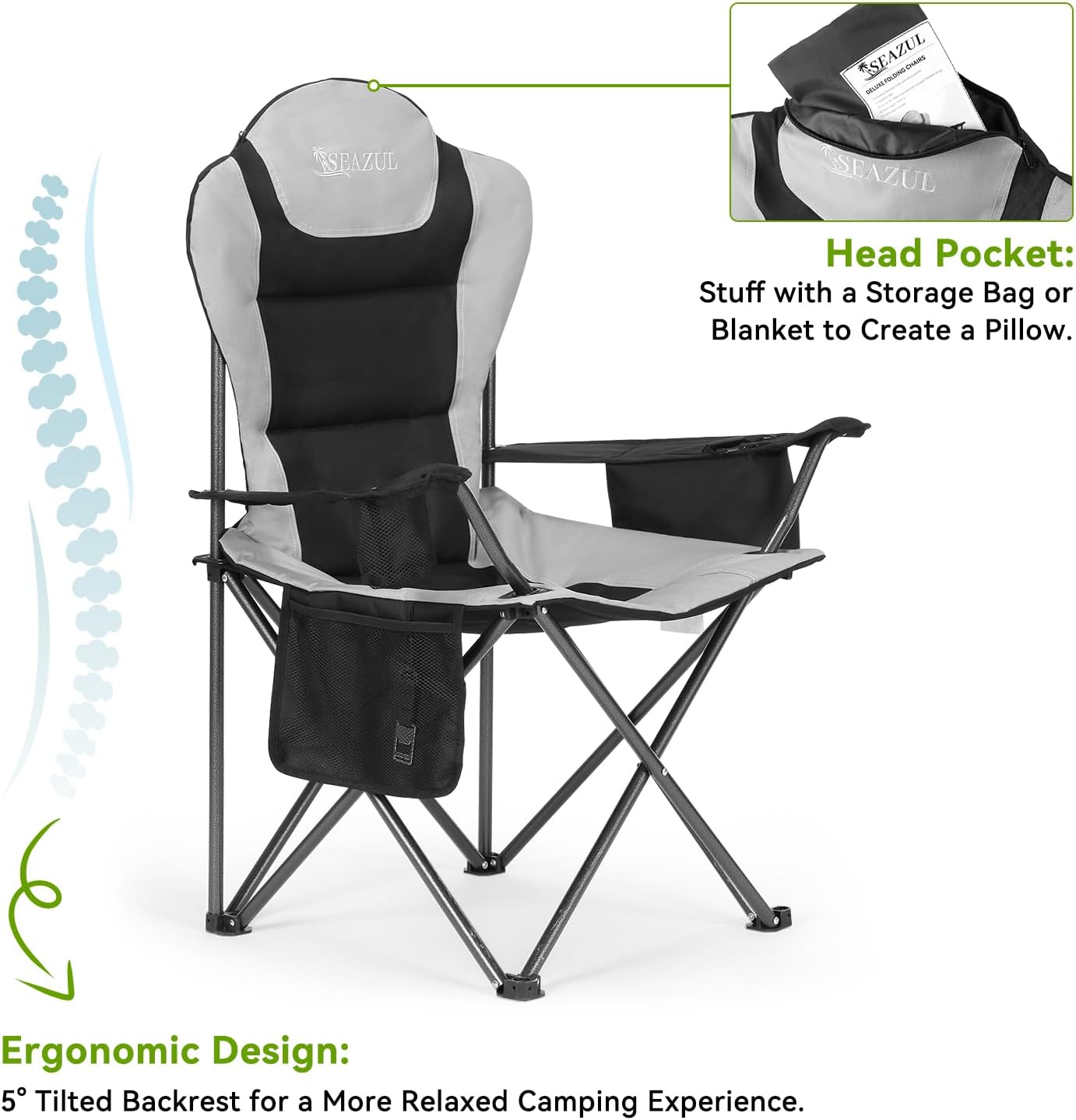Camping Chairs for Adults, Camp Chair, Folding Chairs for Outside, Support 380 LBS, Portable Travel Lawn Outdoor Camping Chairs with Cup Holder & Cooler Bag, Sports Chairs for Baseball, Soccer