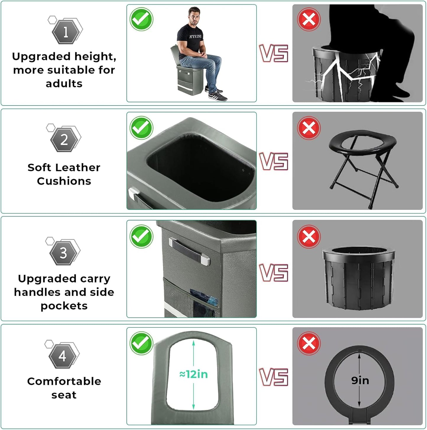 2025 Upgraded 16.5'' XL Portable Toilet for Adults,Tall Camping Toilet with Lid and Convenient Carry Bag, Portable Potty for Camping, Hiking, Car Travel,Truck, RV, Boating, Road Trips, Beach (Gray)