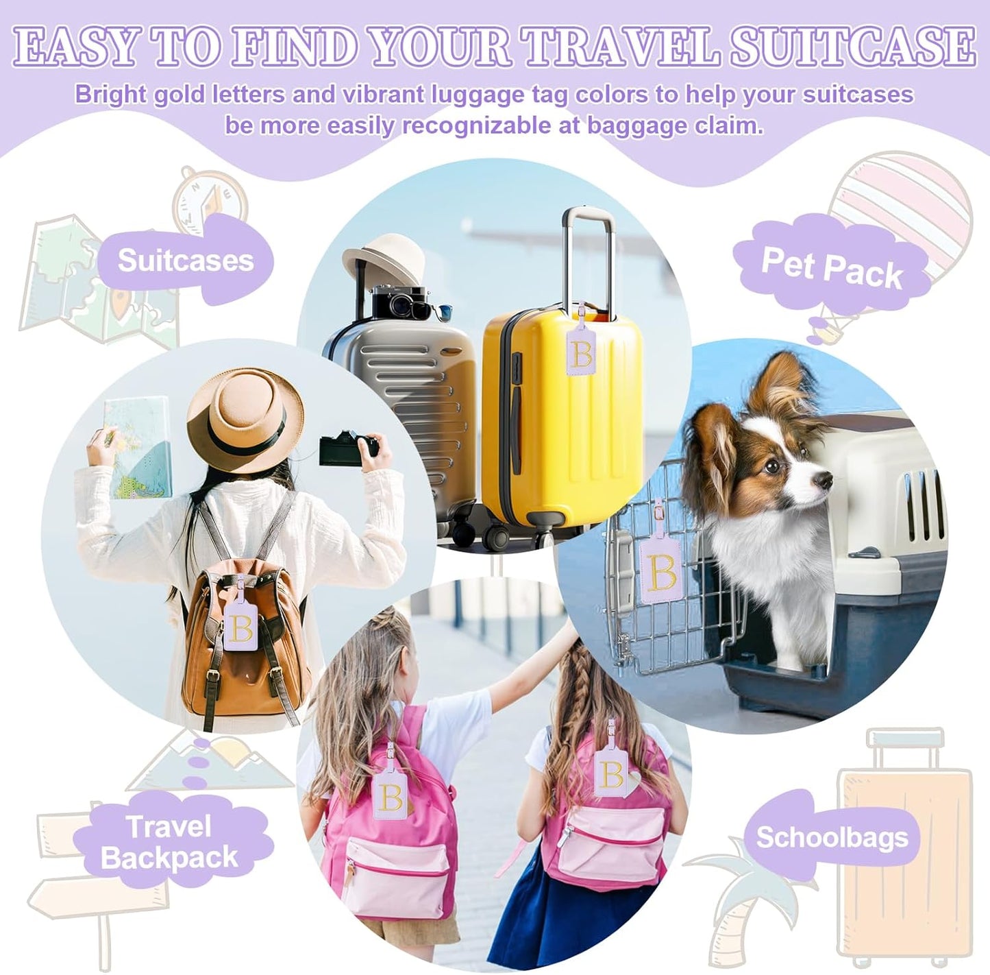 Personalized Initial Luggage Tags for Suitcase, Purple Leather Cute Luggage Tags with Privacy Cover Name Card, Embroidered Custom Monogrammed Luggage Tag Travel Backpack Tags Gifts for Women Kids(B)