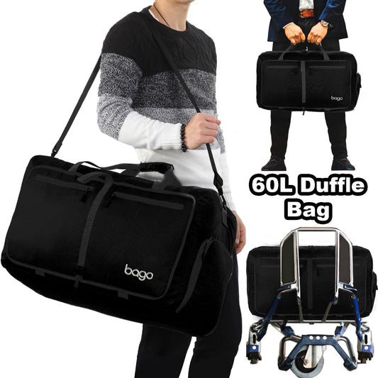 Bago Foldable Duffel Bags for Traveling Women & Men - 60L Medium Packable Duffle Bag for Travel with Shoe Compartment - Water Repellant, Heavy Duty, Lightweight Folding & Collapsible (All Black)