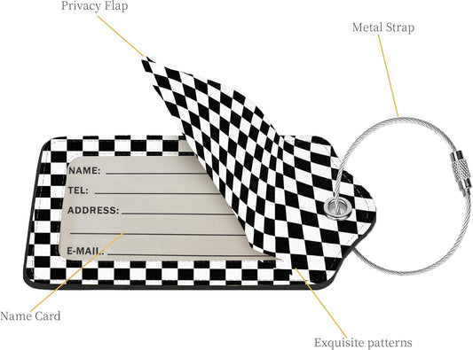 2 Pcs Luggage Tags for Suitcases, PU Leather Cruise Ship Luggage Tags with Privacy Cover Label Address Card and Durable Metal Ring Suitable for Men Women Handbags Backpacks,Black and White Square