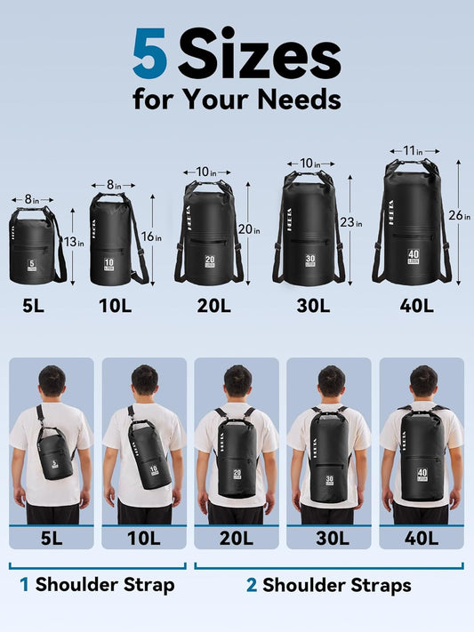 HEETA Waterproof Dry Bag with Front Zippered Pocket for Women Men, 5L/10L/20L/30L/40L Roll Top Lightweight Dry Storage Bag Backpack for Travel, Kayaking, Boating, Rafting, Camping, Hiking & Beach