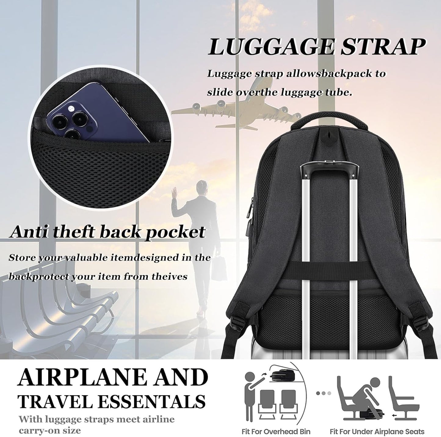 Black Backpack for School, School Backpack for Boys Girls Teens, Backpacks for Men Women, College Back Pack, Book Bag, Water Resistant Bookbag, mochilas escolares para adolescentes