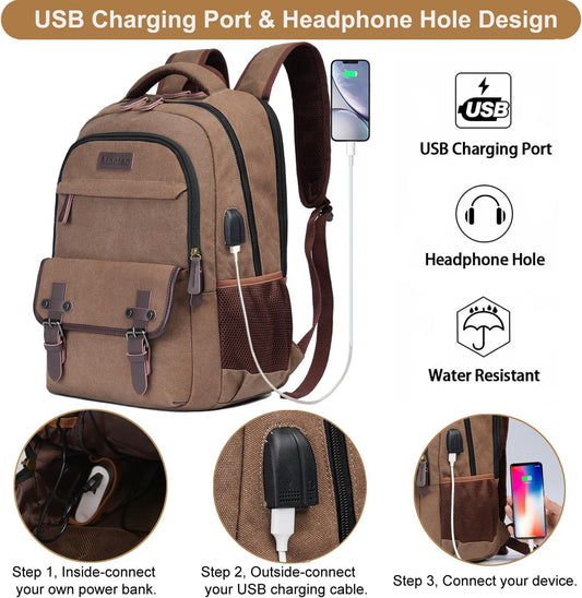 Mactso Canvas Travel Laptop Backpack for Men Women, Business Work Rucksack College School Computer Bag Fits 15.6 Inch Notebook,Bookbag with USB Charging Port (Coffee, 15.6 Inch)