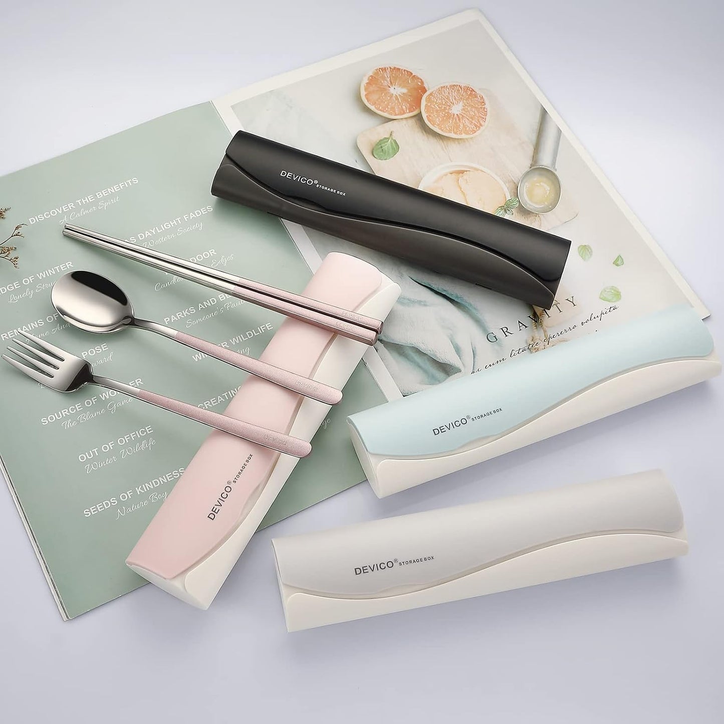 DEVICO Portable Travel Utensils with Case, Reusable Camping Silverware for Lunch, 18/8 Stainless Steel Cutlery Set (Pink)