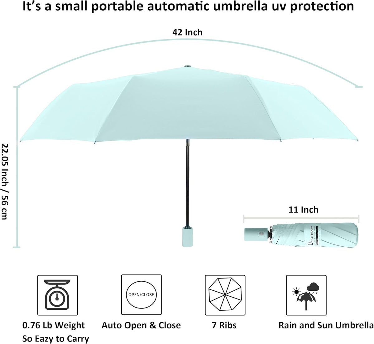 BAODINI Small UV Protection Travel Umbrella Compact for Rain and Sun UPF 50+ 41 inch Portable Umbrella for Women and Men