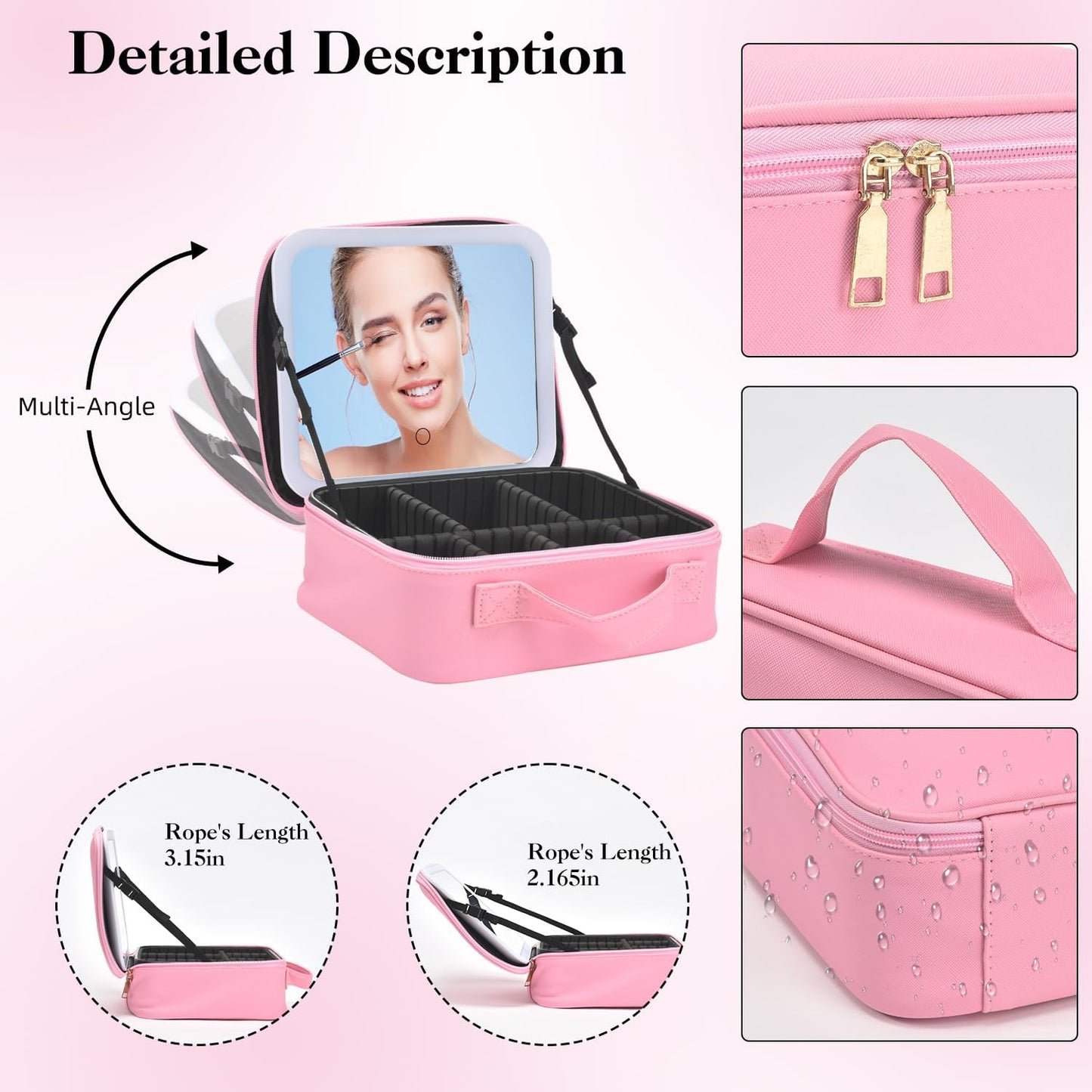 Travel Makeup Bag With LED Mirror,Makeup Travel Train Case with 3 Color Setting,Cosmetic Makeup Organizer Bag with Adjustable Dividers,Portable Make up Bag with Makeup Brush Holder Storage(Pink)