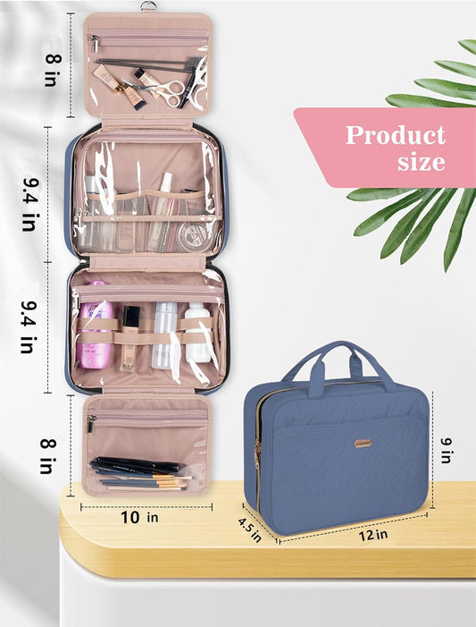 Blue Toiletry Bag, Makeup Organizer, Travel Bag For Women Mens Toiletries, Waterproof with Hanging Hook, Large Capacity