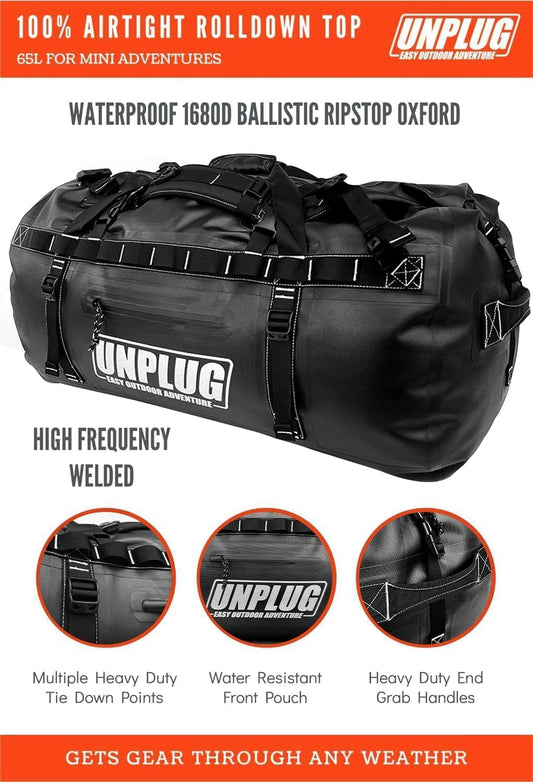 UNPLUG Ultimate Adventure Bag | 1680D Heavy Duty Waterproof Bag | Large Travel Duffle Bag which can be Used for Camping, Motorcycling, Boating, or Hunting (65L Blackops)