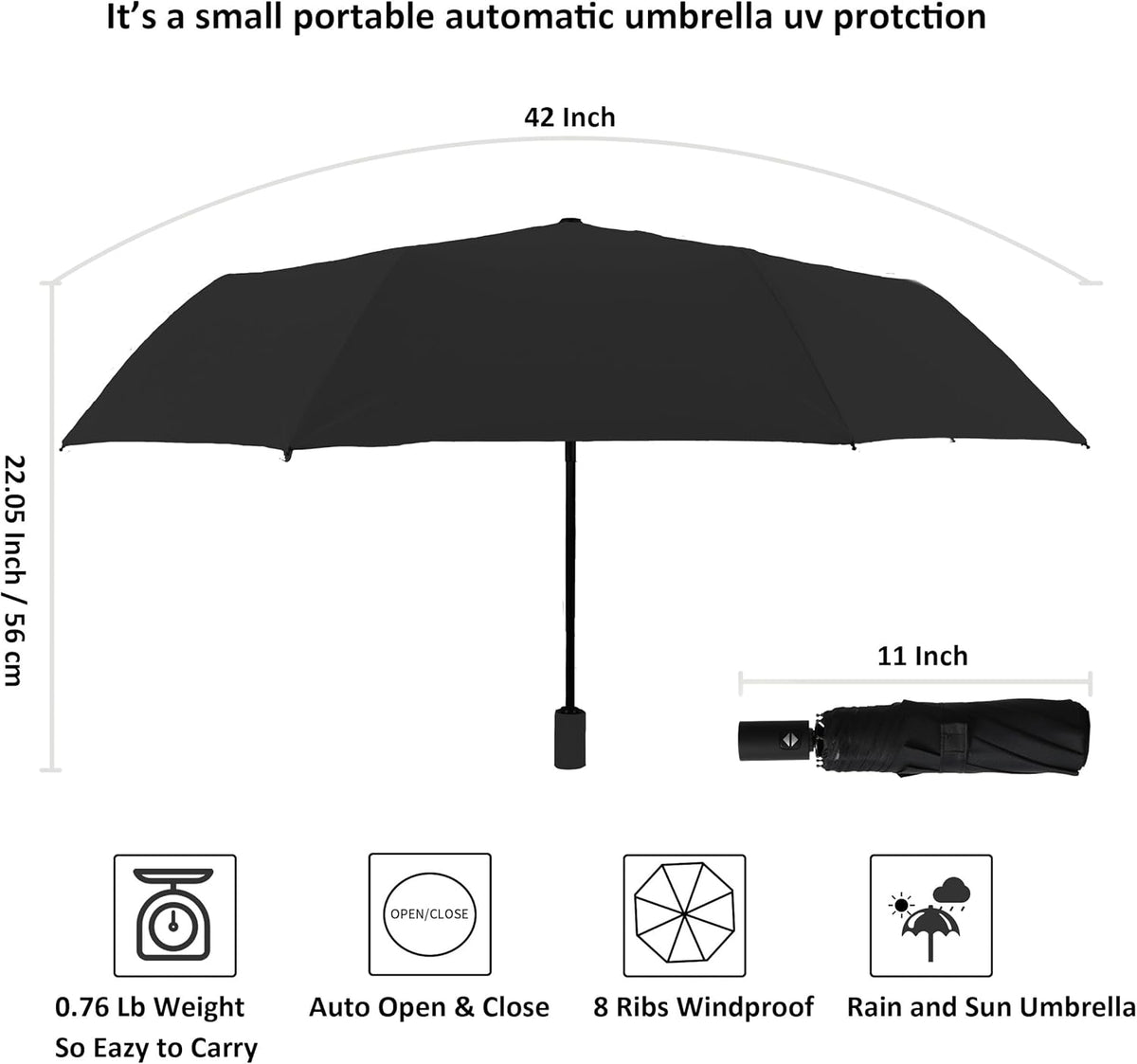BAODINI Small UV Protection Travel Umbrella Compact for Rain and Sun UPF 50+ 41 inch Portable Umbrella for Women and Men