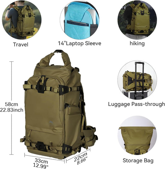 Tenzing 40L Camera Backpack, Waterproof Travel Photography Bag with Rain Cover, Fits DSLR/Mirrorless Cameras, Drone, Lenses, Tripod & 16" Laptop – Brown