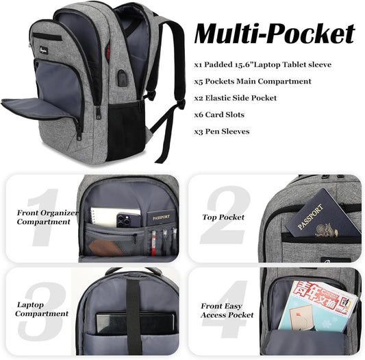 Travel Laptop Backpack for men women, School Backpacks for teen boys 15.6 Inch Durable Water Resistant Anti Theft Bookbag with USB Charging Port, College High School Business Computer Bookbags, Grey