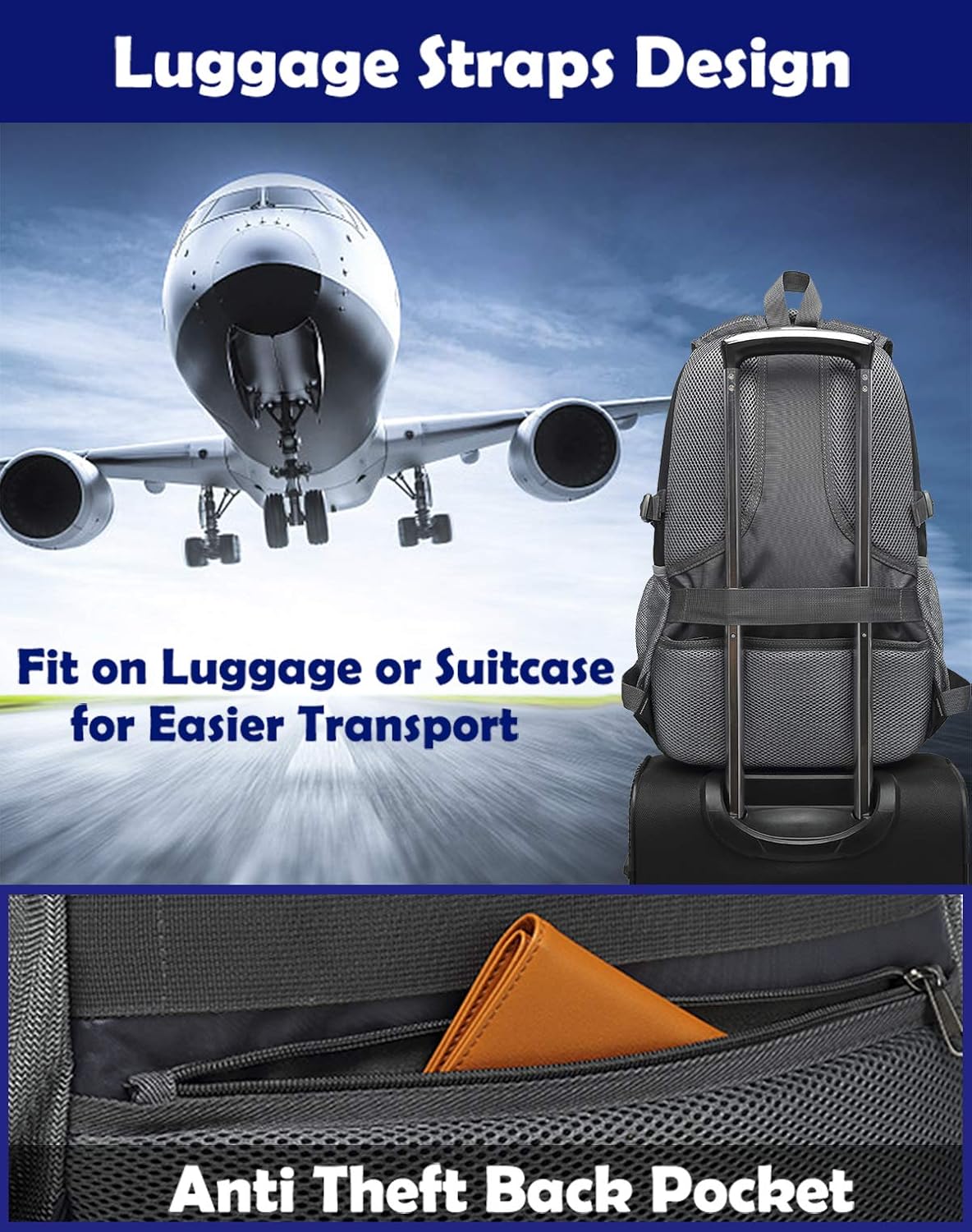 Backpack for College Sturdy Bookbag Travel Business with USB Charging Port Laptop compartment Chest Straps Anti Theft Night Light Reflective (Purple)